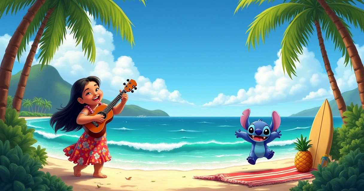 Ilustração de Lilo e Stitch na praia havaiana, com palmeiras, toalha de praia e prancha de surfe.
