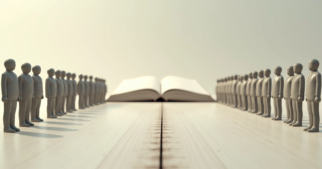 Linha tênue separando figuras humanas representando autonomia e obediência, página aberta de livro ao fundo 