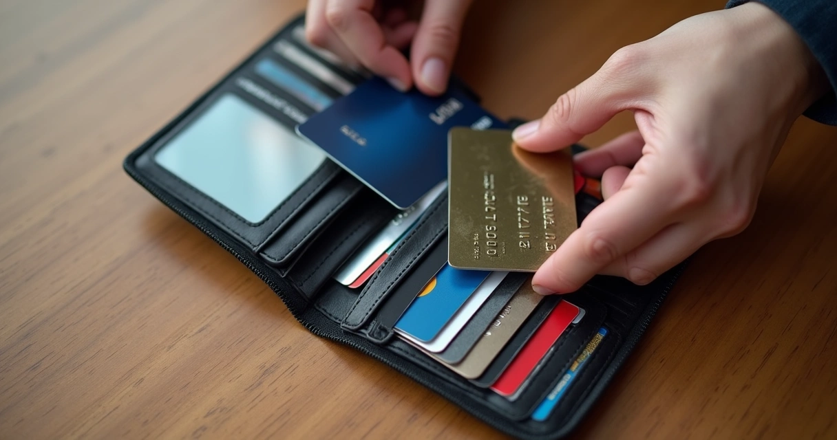 Cartões de crédito em diferentes posições em uma carteira aberta 