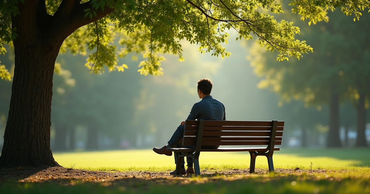 Homem sentado sozinho em um banco, refletindo ao ar livre