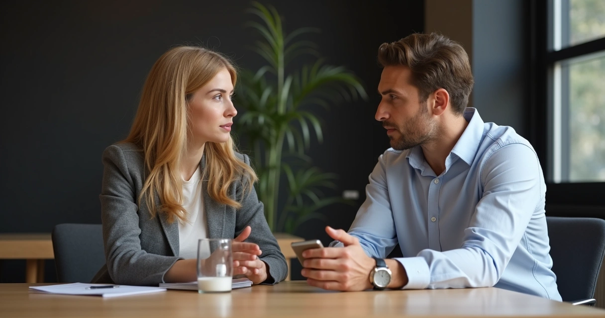 Duas pessoas sentadas em uma mesa conversando com expressões sérias 