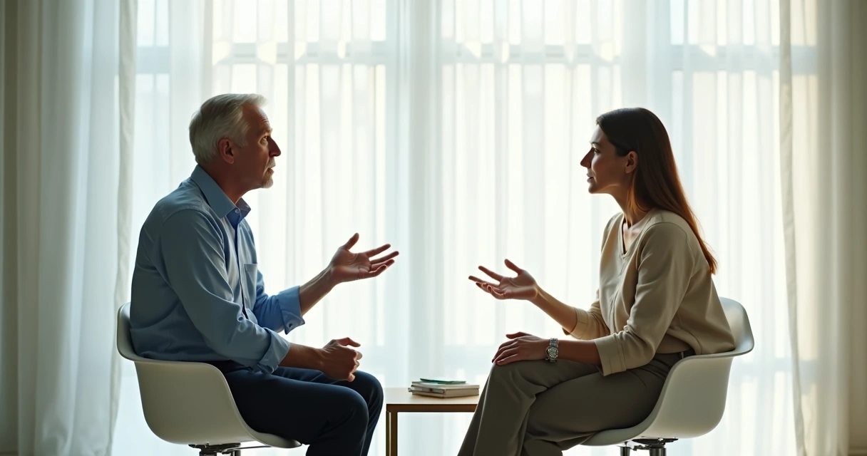 Dos personas conversando con calma en un espacio luminoso 