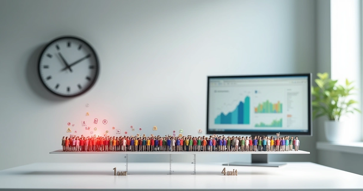 Relógio de parede com figuras de pessoas estilizadas formando fila em régua de medição 