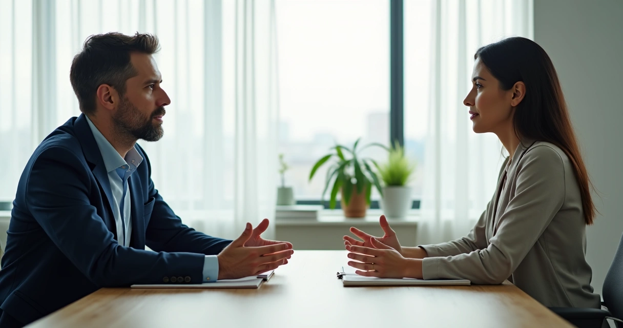 Duas pessoas conversando com postura calma em ambiente profissional 