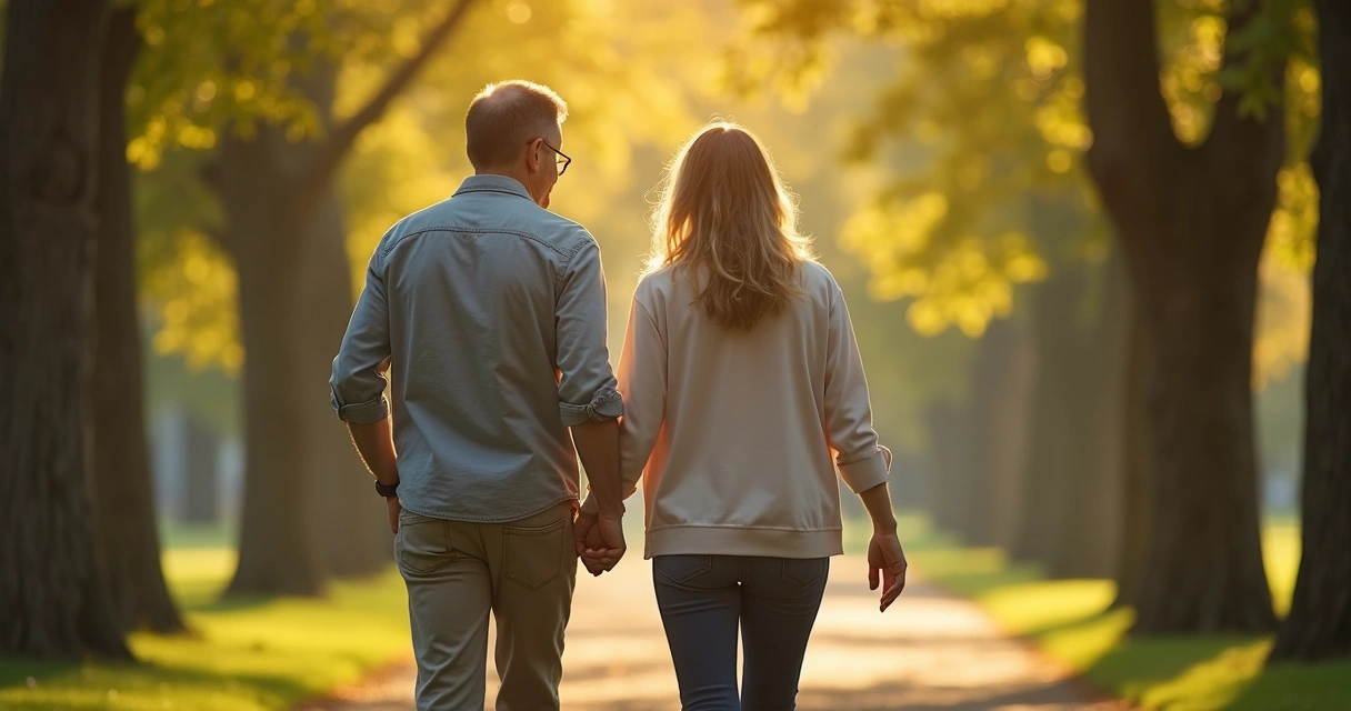 Duas pessoas caminhando lado a lado em um parque, uma ouvindo e apoiando a outra, mas mantendo espaço adequado. 