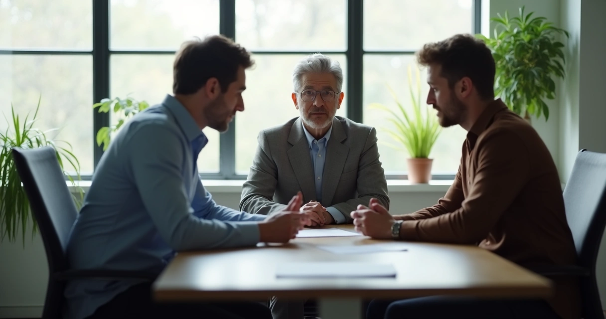 Grupo em reunião, duas pessoas discutindo enquanto outra mostra expressão de desconforto 