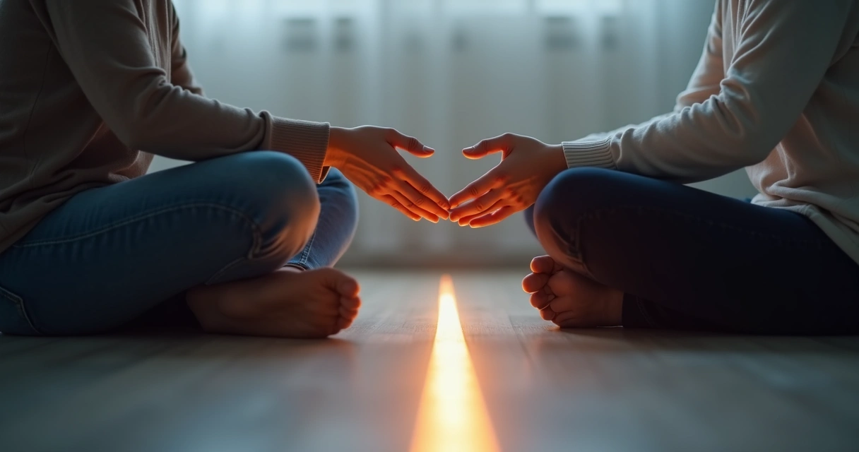 Dos personas separadas por una línea simbólica, una apoya a la otra sin cruzar la frontera 