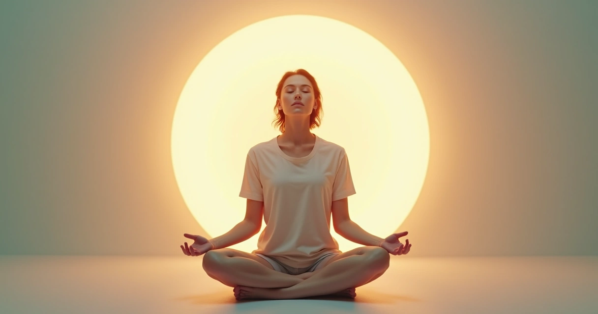 Pessoa de olhos fechados meditando, cercada por luz suave 