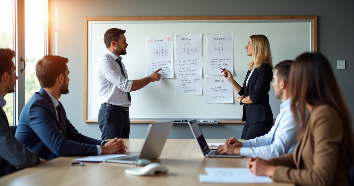 Grupo de pessoas em reunião com quadro branco mostrando calendário de datas marcadas 