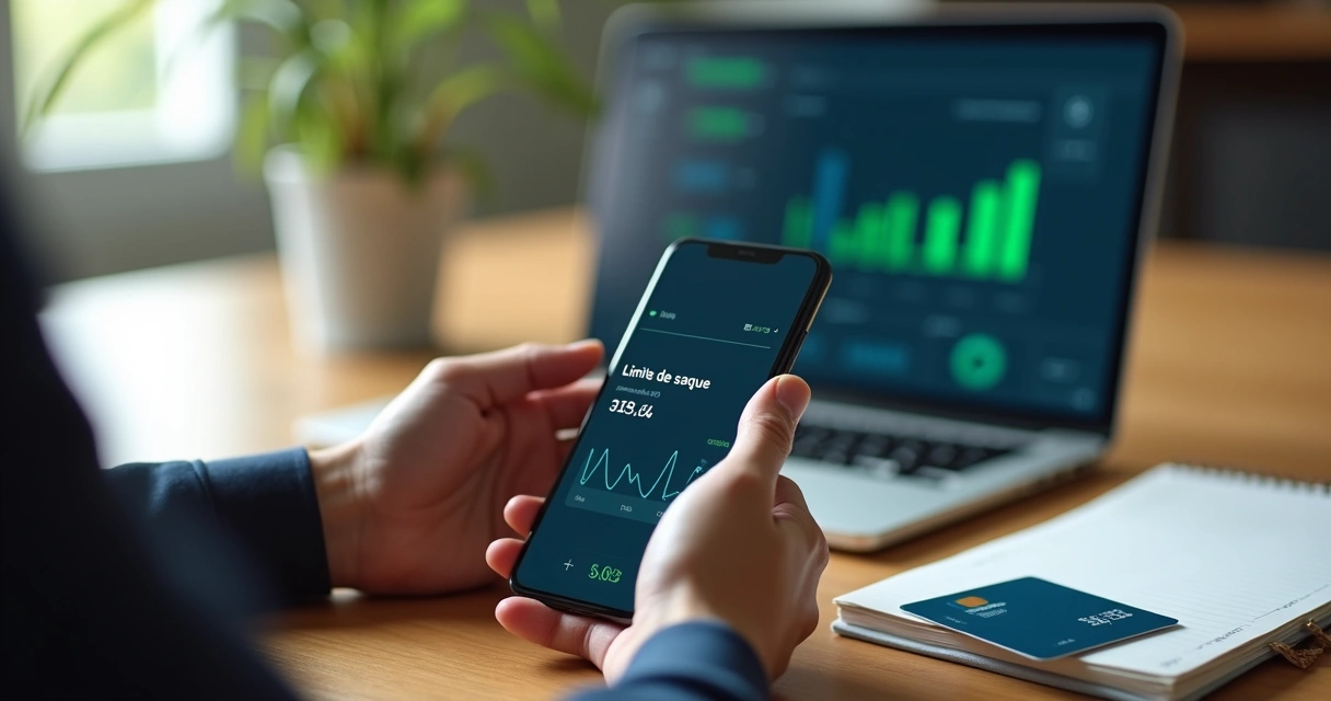 Pessoa consultando limites de saque em app de investimentos no celular 