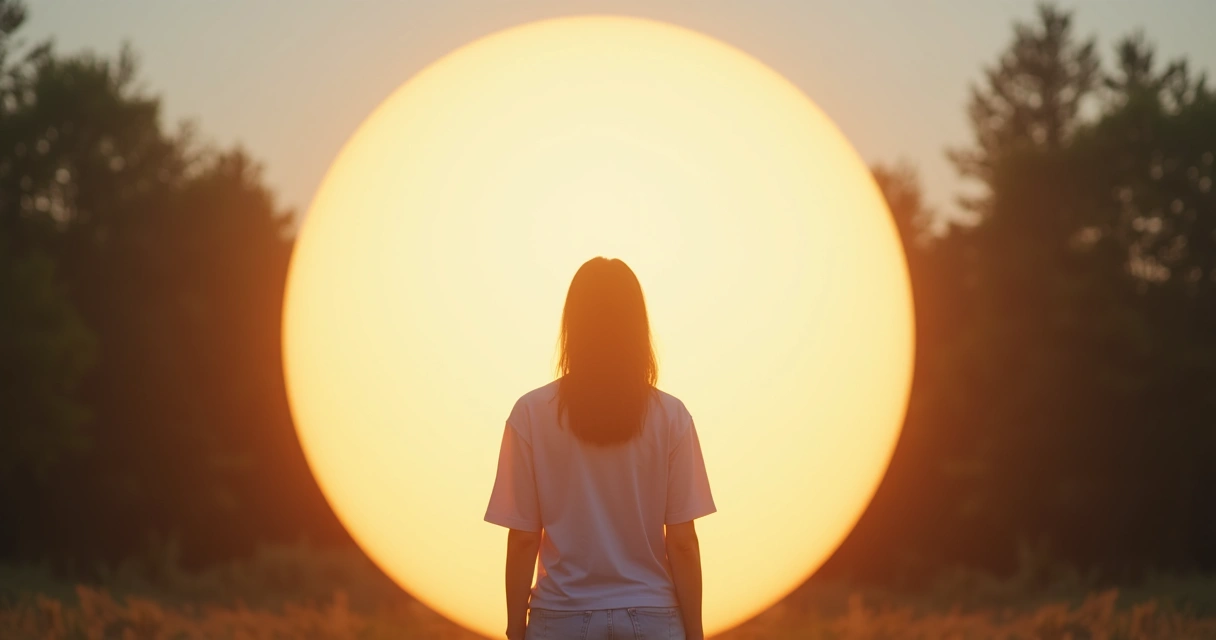 Pessoa com expressão serena em meio a um círculo luminoso de luz suave ao redor