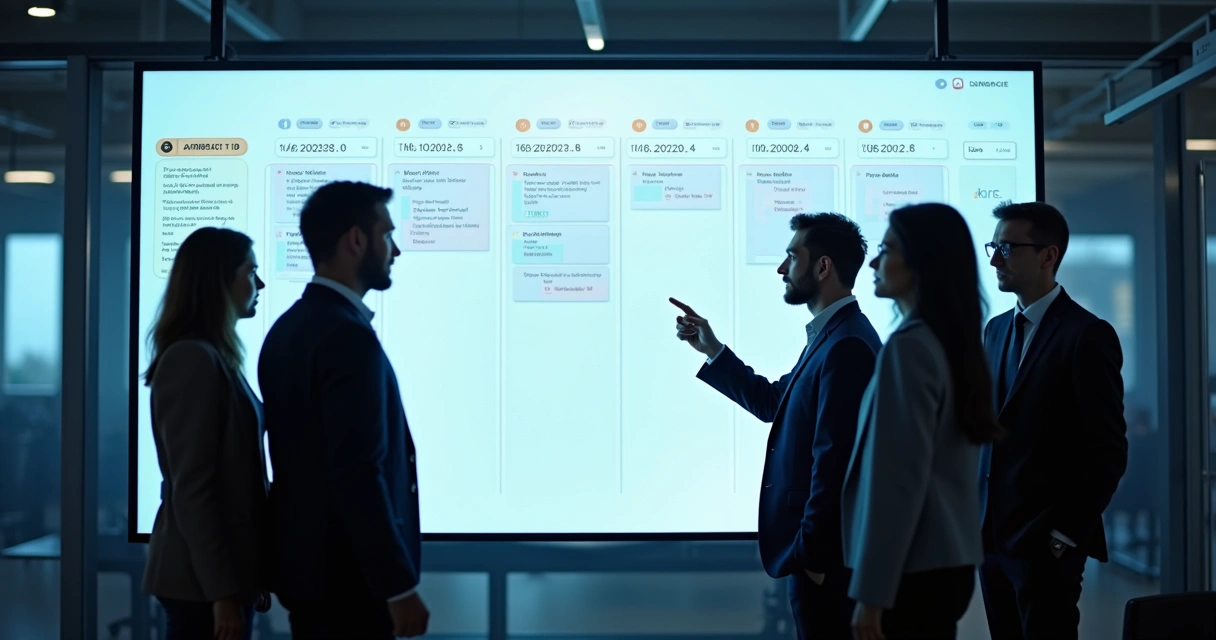Equipe olhando quadro Kanban com limite de tarefas em andamento 