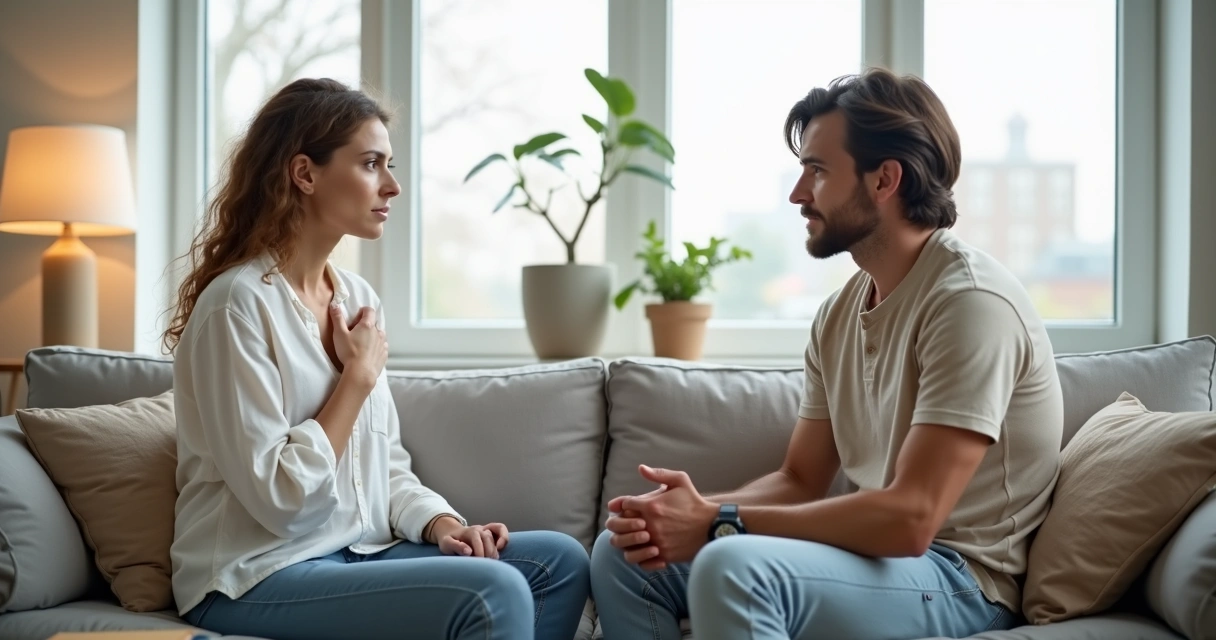 Casal conversando com calma em um sofá mantendo espaço físico respeitoso 