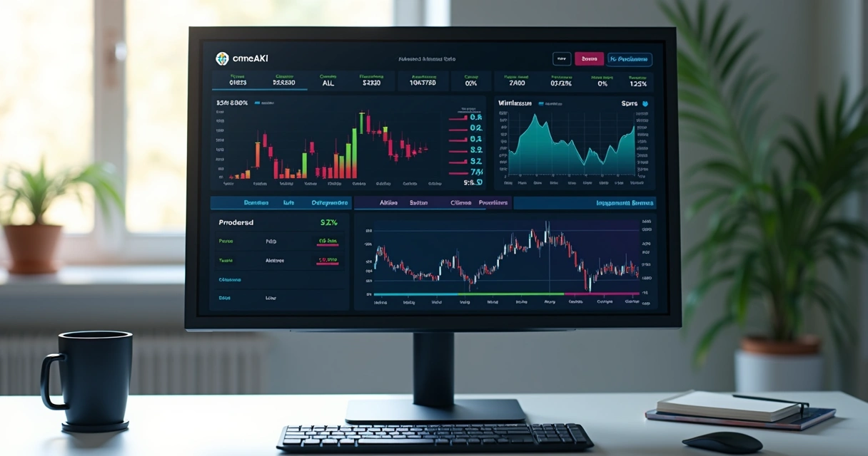 Tela de computador mostrando gráficos de apostas e limites em mercado de previsão financeiro 