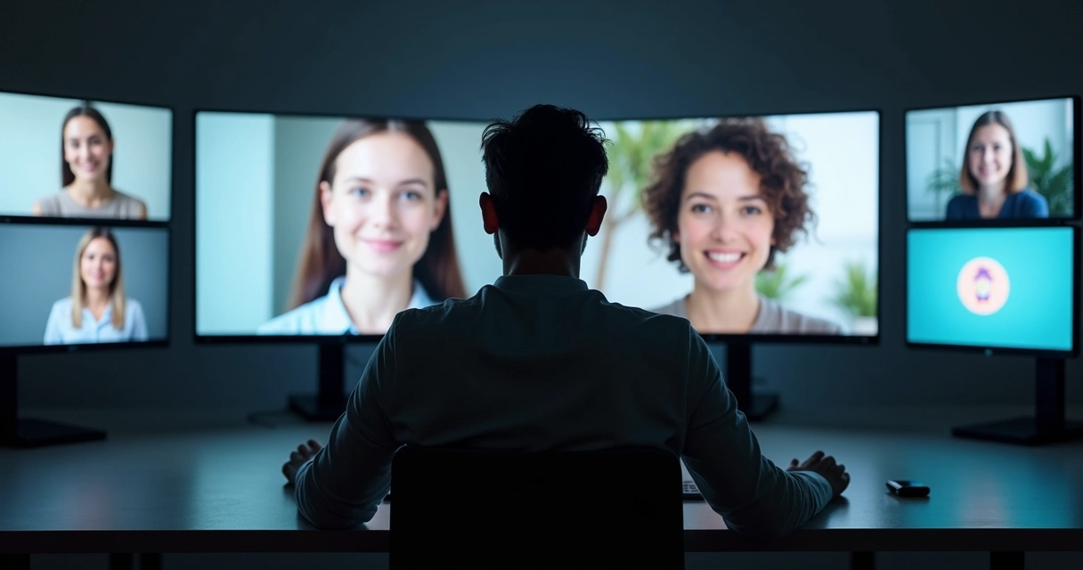 Pessoa olhando para várias telas exibindo perfis diferentes