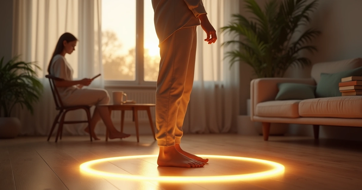 Pessoa em pé desenhando um círculo de luz ao redor de si em um quarto acolhedor 