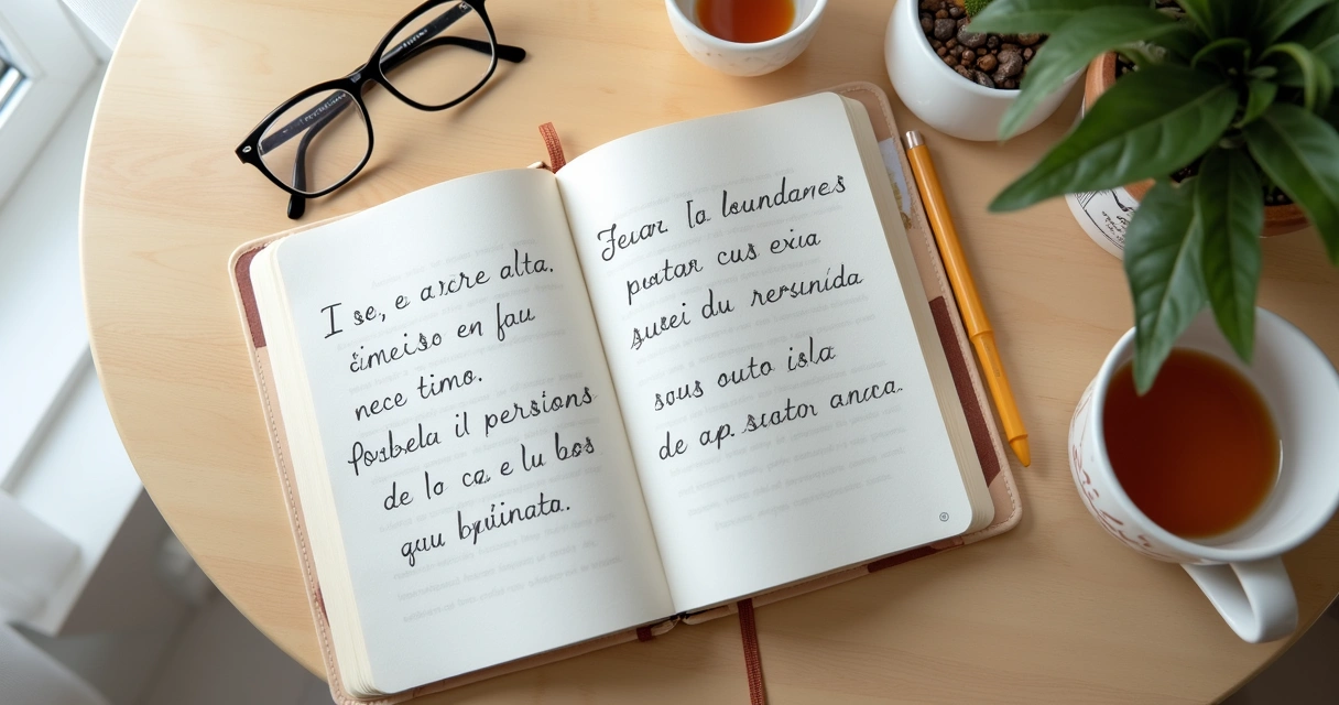 Caderno aberto com lista de limites e xícara de chá