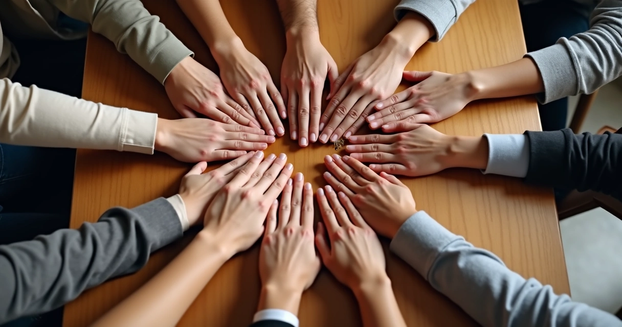 Manos diferentes unidas sobre una mesa para simbolizar la colaboración sana con límites claros