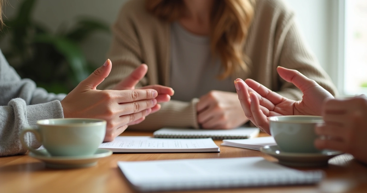 Mãos sobre mesa durante conversa respeitosa entre amigos
