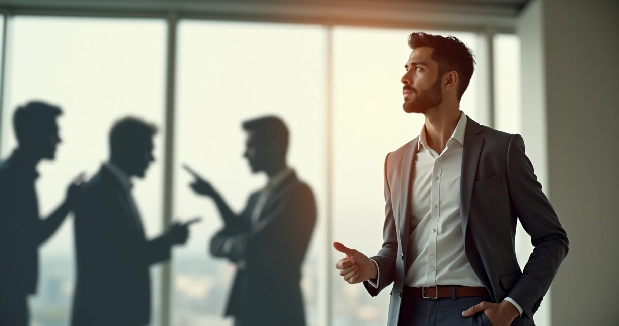 Pessoa em pé traçando um limite claro diante de silhuetas sombrias ao fundo 