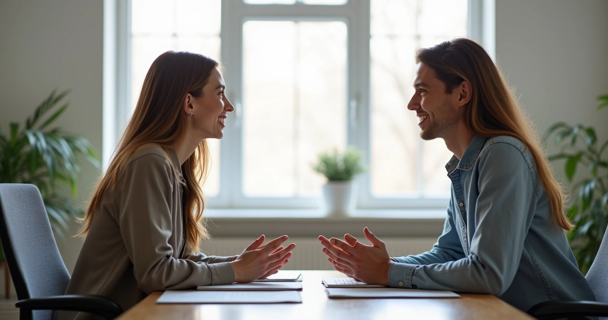 Duas pessoas conversando de forma respeitosa em uma sala de trabalho, ambas com linguagem corporal relaxada e expressão tranquila, mostrando comunicação positiva. 