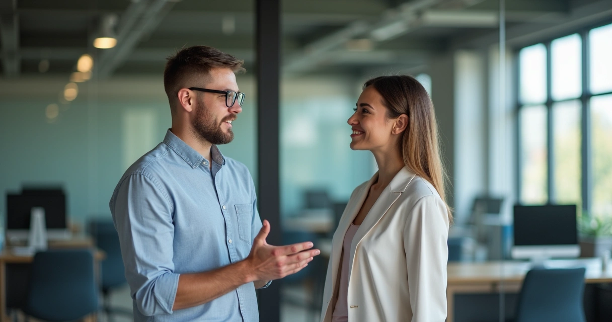 Colega de trabalho conversando com outro, gesticulando de forma assertiva