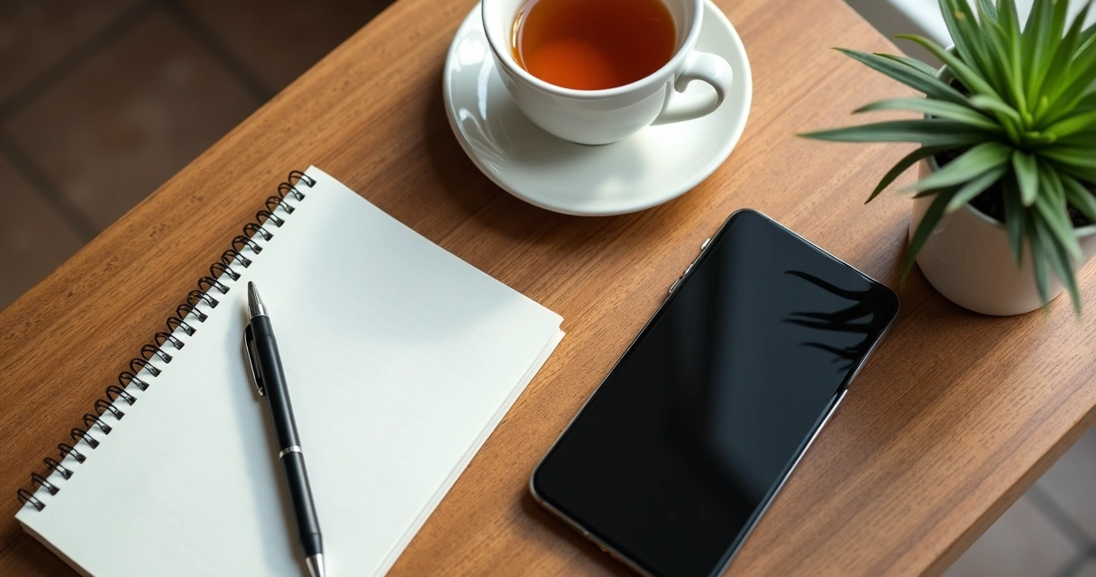 Teléfono apagado junto a libreta y taza en una mesa 