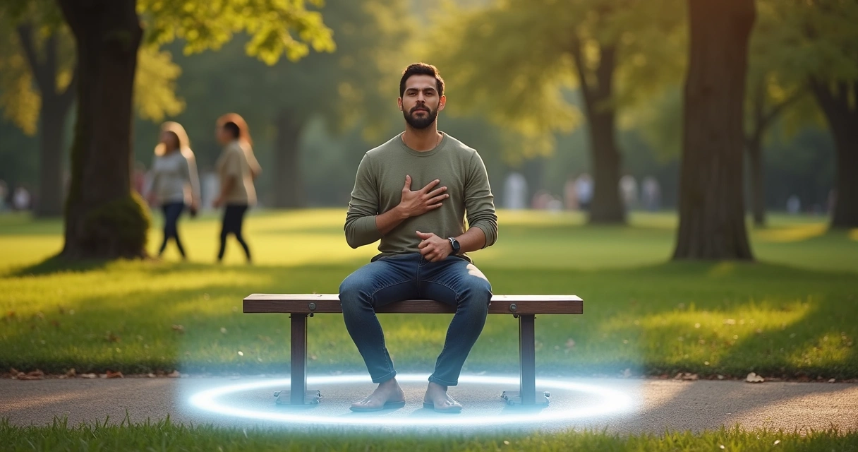 Adulto sentado em parque erguendo a mão criando círculo luminoso ao redor de si 