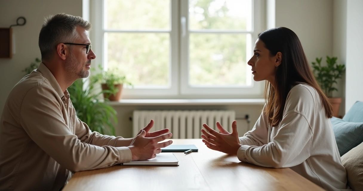 Duas pessoas sentadas frente a frente definindo limites com calma e respeito 