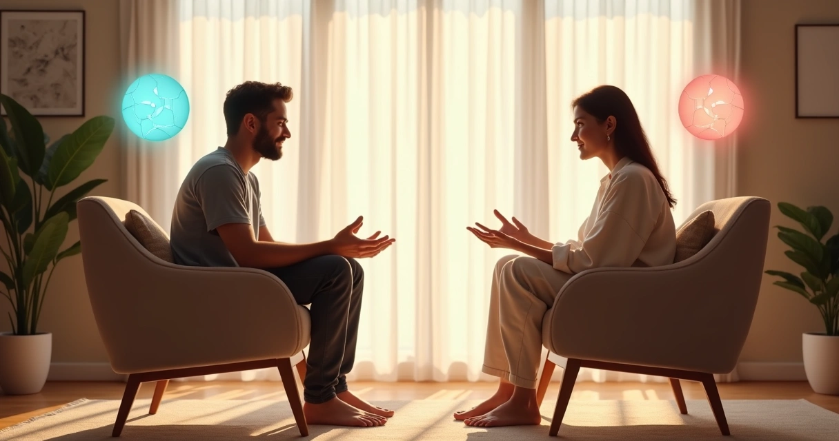 Dos personas separadas por una línea luminosa dialogando con calma 