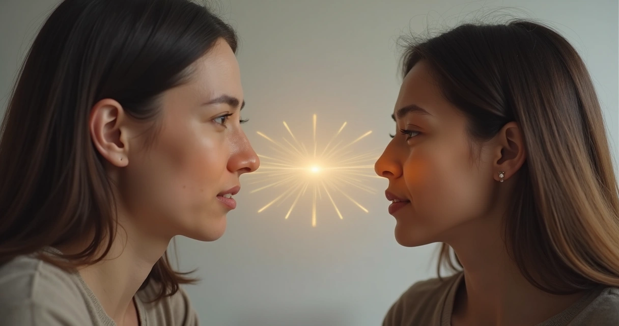 Duas pessoas conversando, com uma linha sutil e harmoniosa entre elas, sugerindo limites claros e respeitosos. 