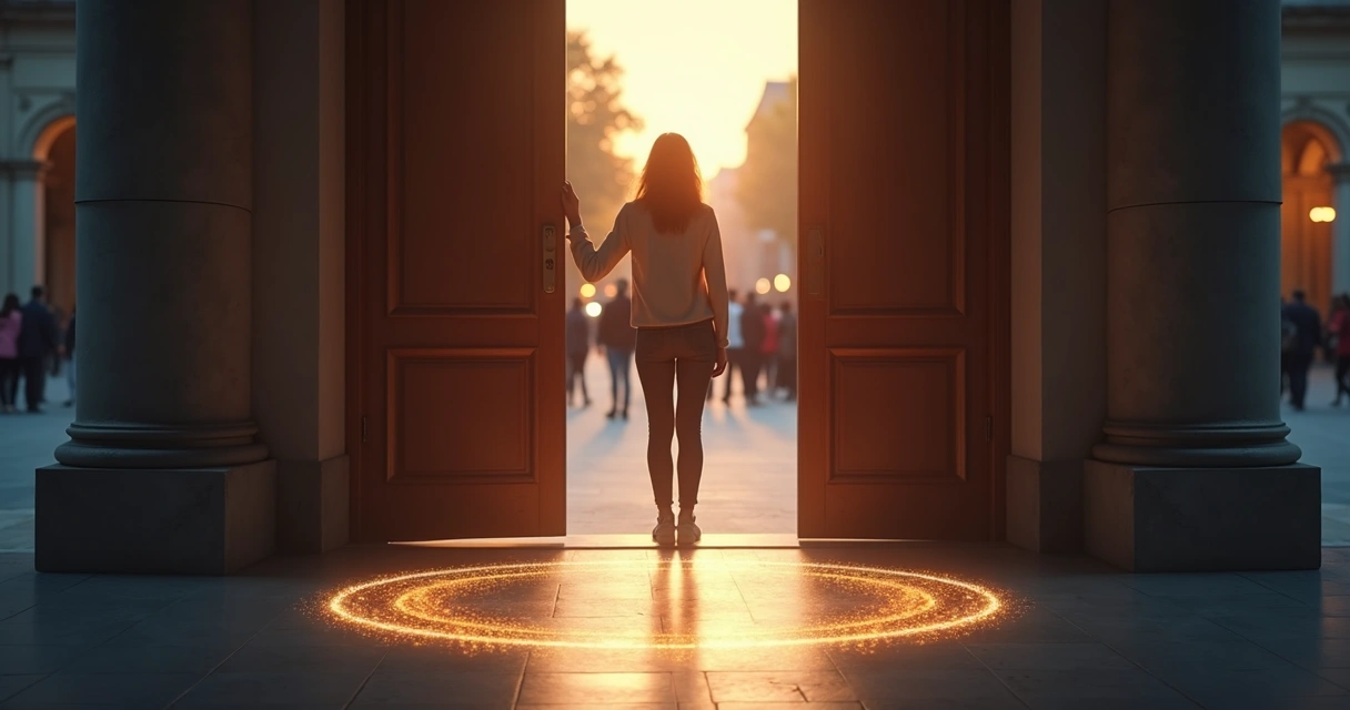 Persona en un umbral luminoso marcando un límite consciente mientras mantiene conexión con otros al fondo 