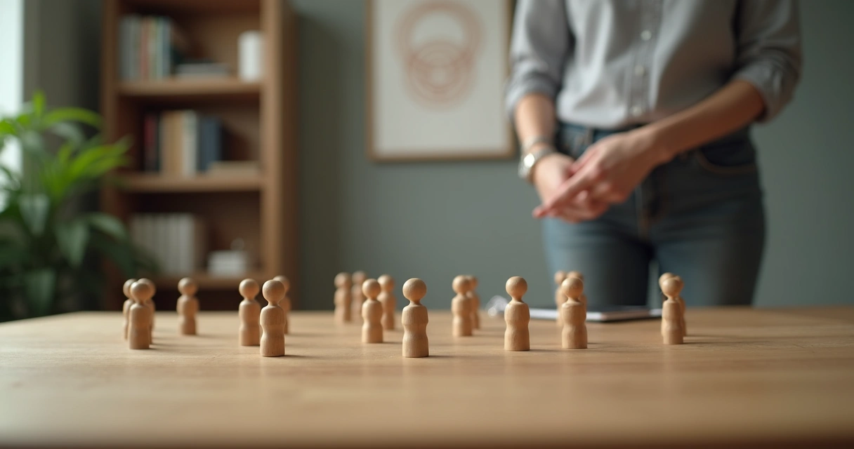 Terapeuta observando atentamente figuras de constelação sistêmica sobre mesa 