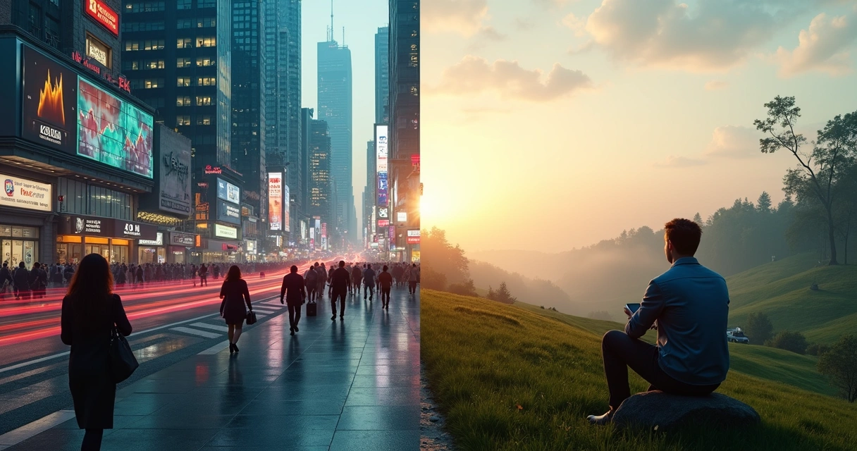 Cidade cinza contrastando com pessoa em natureza verde 