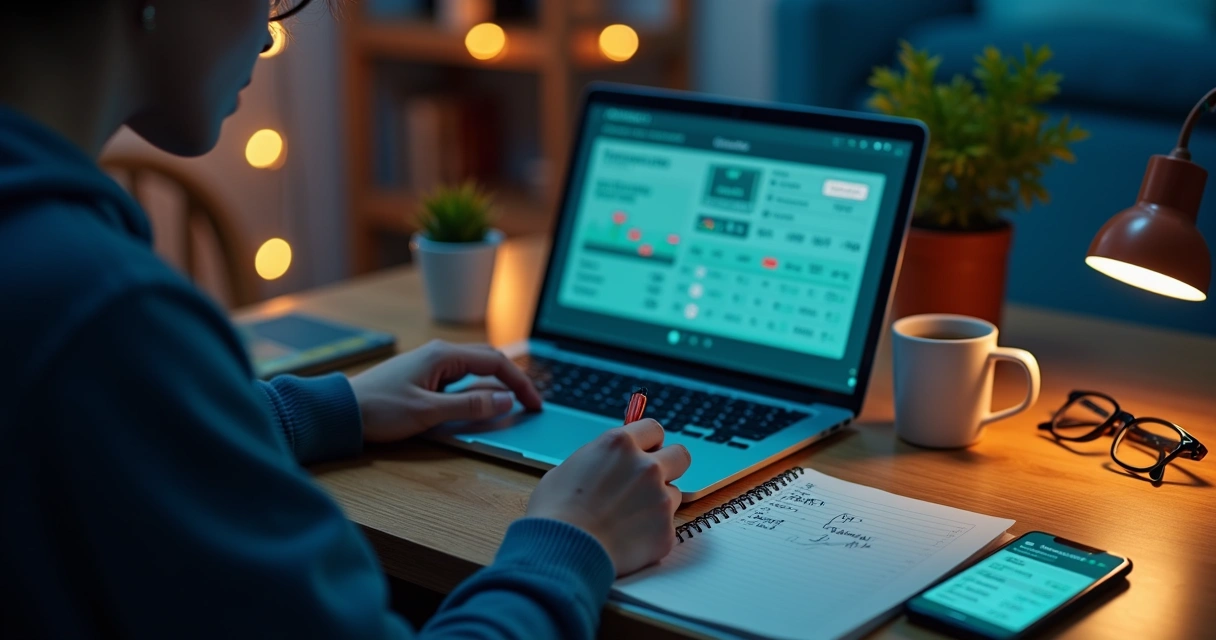 Apostador analisa limites diários e gráficos de apostas em tela de notebook 