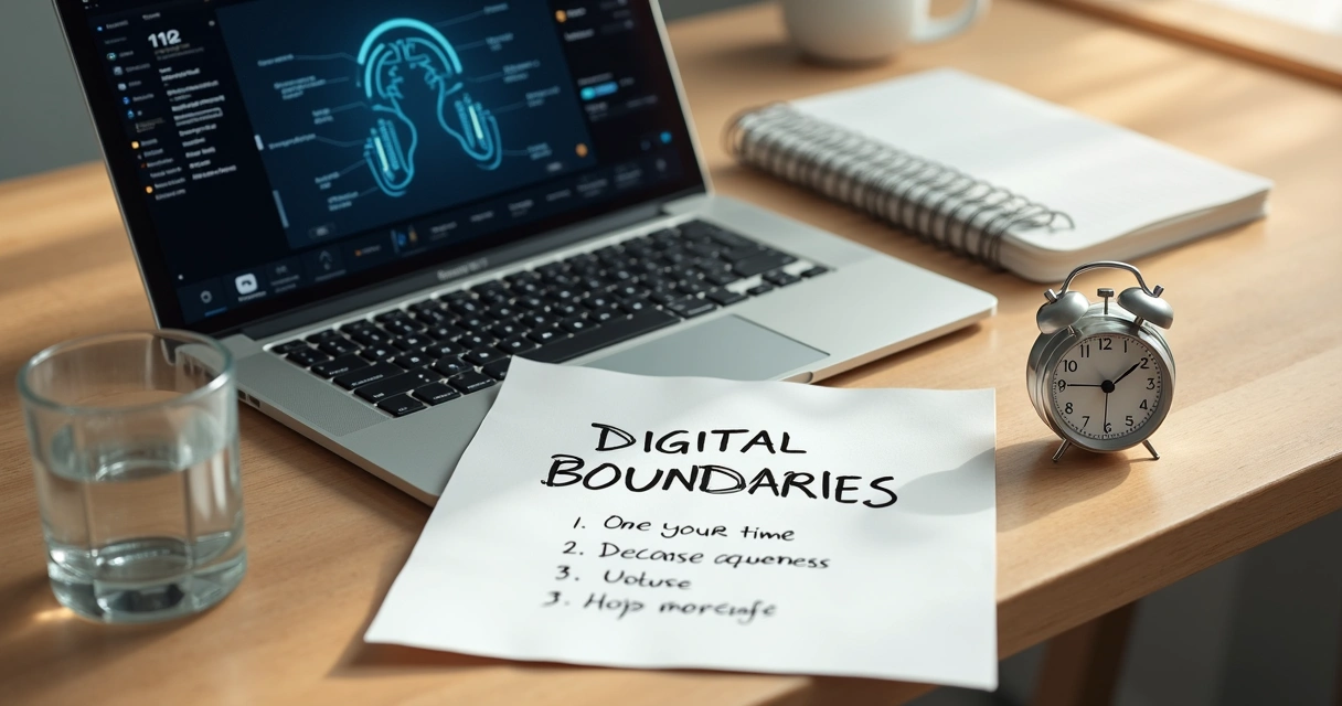 Mesa com laptop, relógio e bloco de limites digitais 