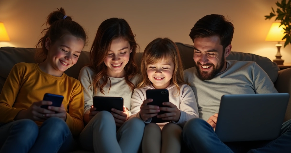 Família utilizando dispositivos, cada um com seu limite digital estabelecido