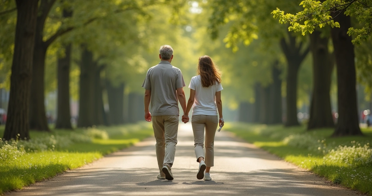 Duas pessoas caminhando com espaço e harmonia