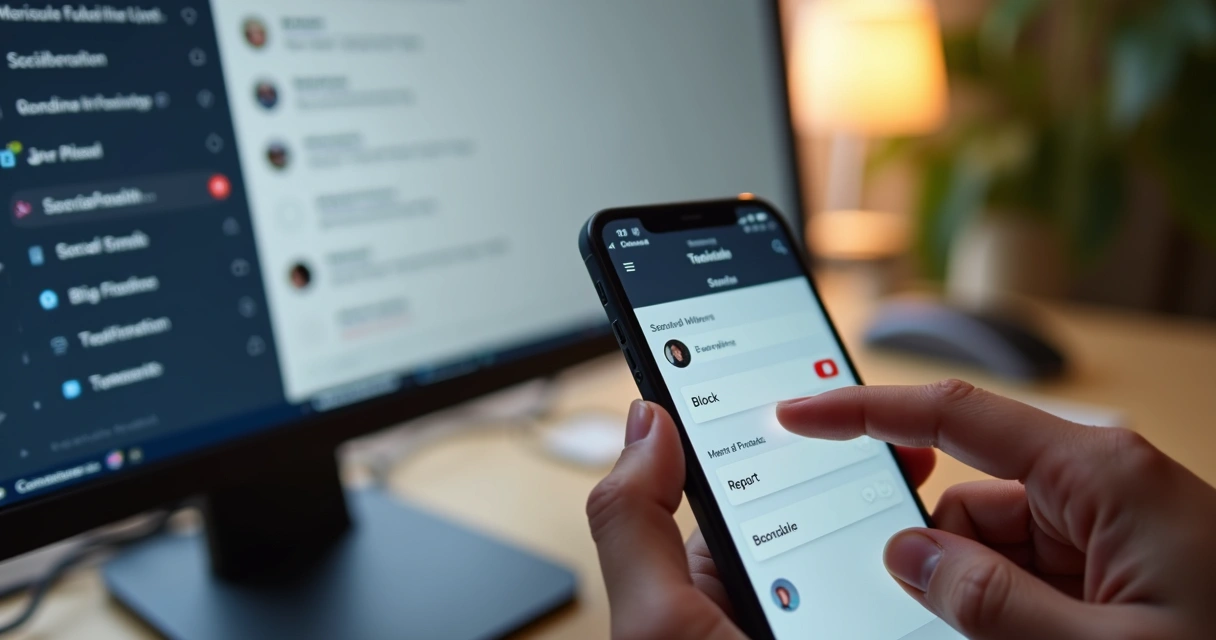 Tela de computador com opções de silenciar, bloquear e denunciar