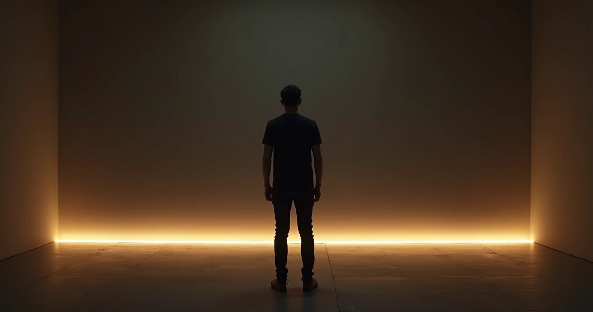 Pessoa refletindo diante de linha de luz em sala escura 