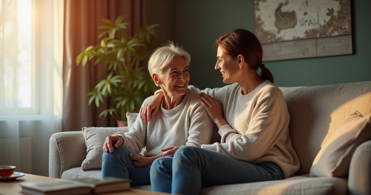 Pessoa apoiando outra com leve toque no ombro, ambas em ambiente acolhedor