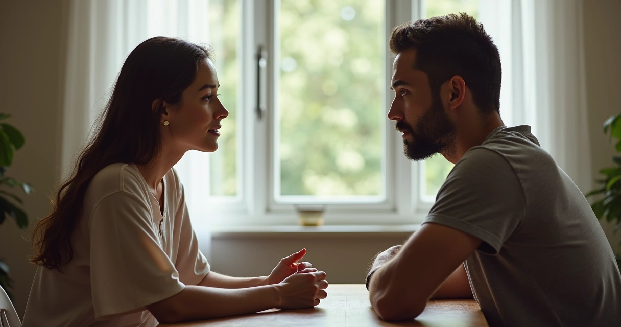 Duas pessoas conversando em um ambiente tranquilo, transmitindo respeito e empatia 