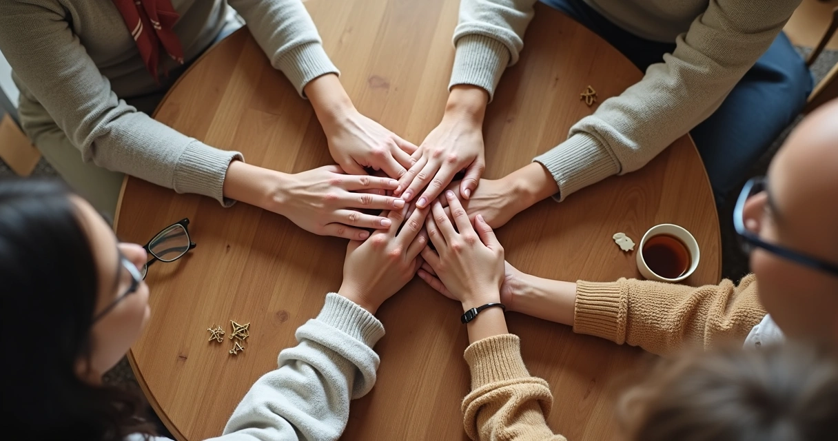 Mãos de diferentes pessoas da família se tocando no centro de uma mesa, representando união e limites saudáveis 