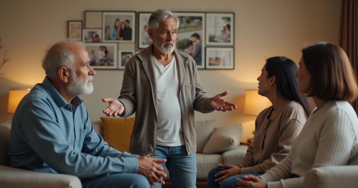 Pessoa de pé conversando com familiares sentados em clima respeitoso 