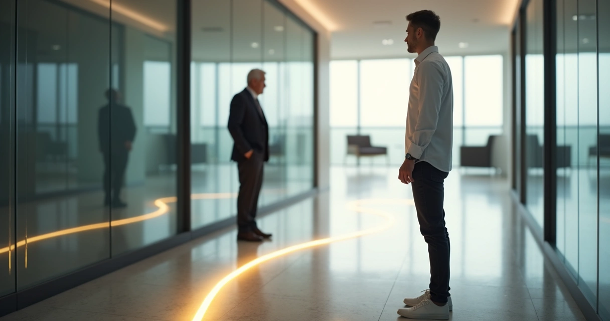 Profissional em corredor corporativo traçando linha de luz entre si e figura de autoridade 