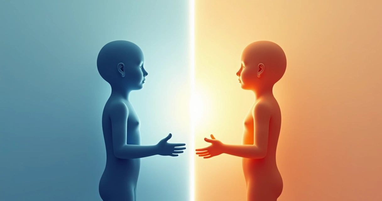 Linha nítida dividindo duas figuras humanas, sugerindo separação de emoções. 