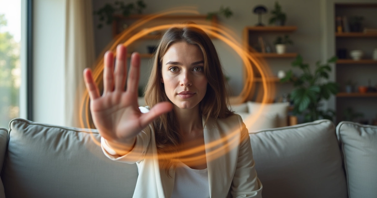Pessoa sentada com expressão serena erguendo a mão em gesto de limite diante de formas abstratas invasivas 