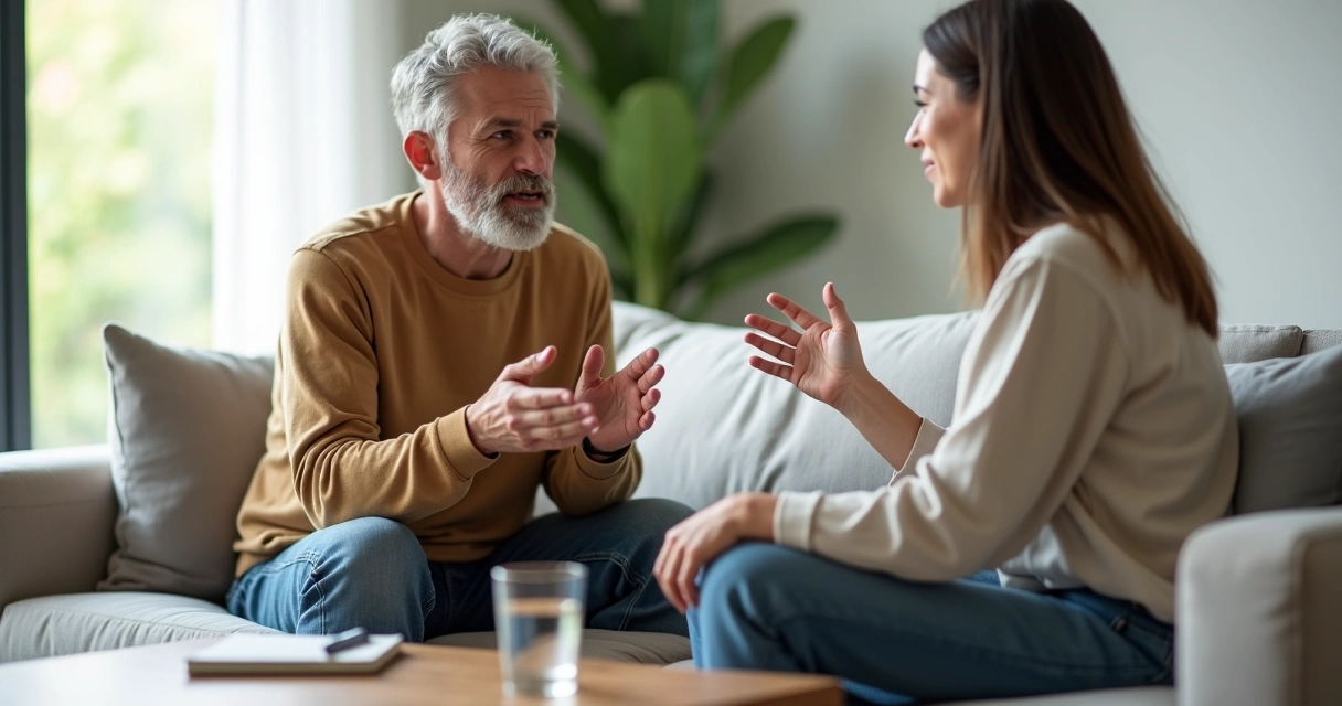 Duas pessoas conversando com calma em um sofá mantendo espaço saudável entre si 