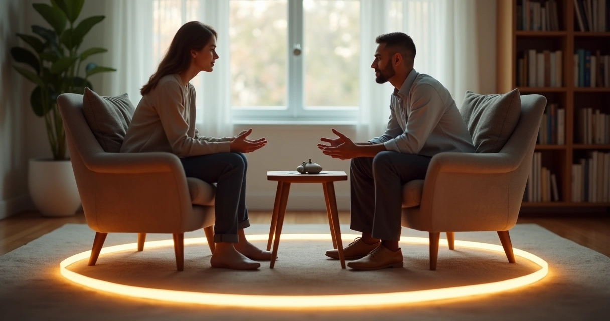 Duas pessoas sentadas frente a frente com linha luminosa suave delimitando espaço saudável 