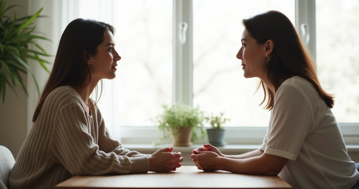 Duas pessoas sentadas frente a frente em mesa, conversando de forma respeitosa